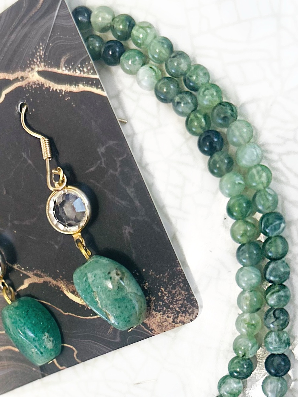 Jade-Tone Beaded Necklace With Beautiful Drop Earrings- SET